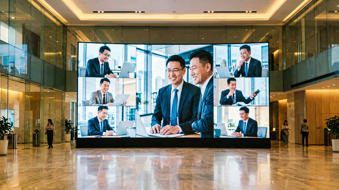 LED video wall in a modern office lobby powered by a Mooncell LED control system