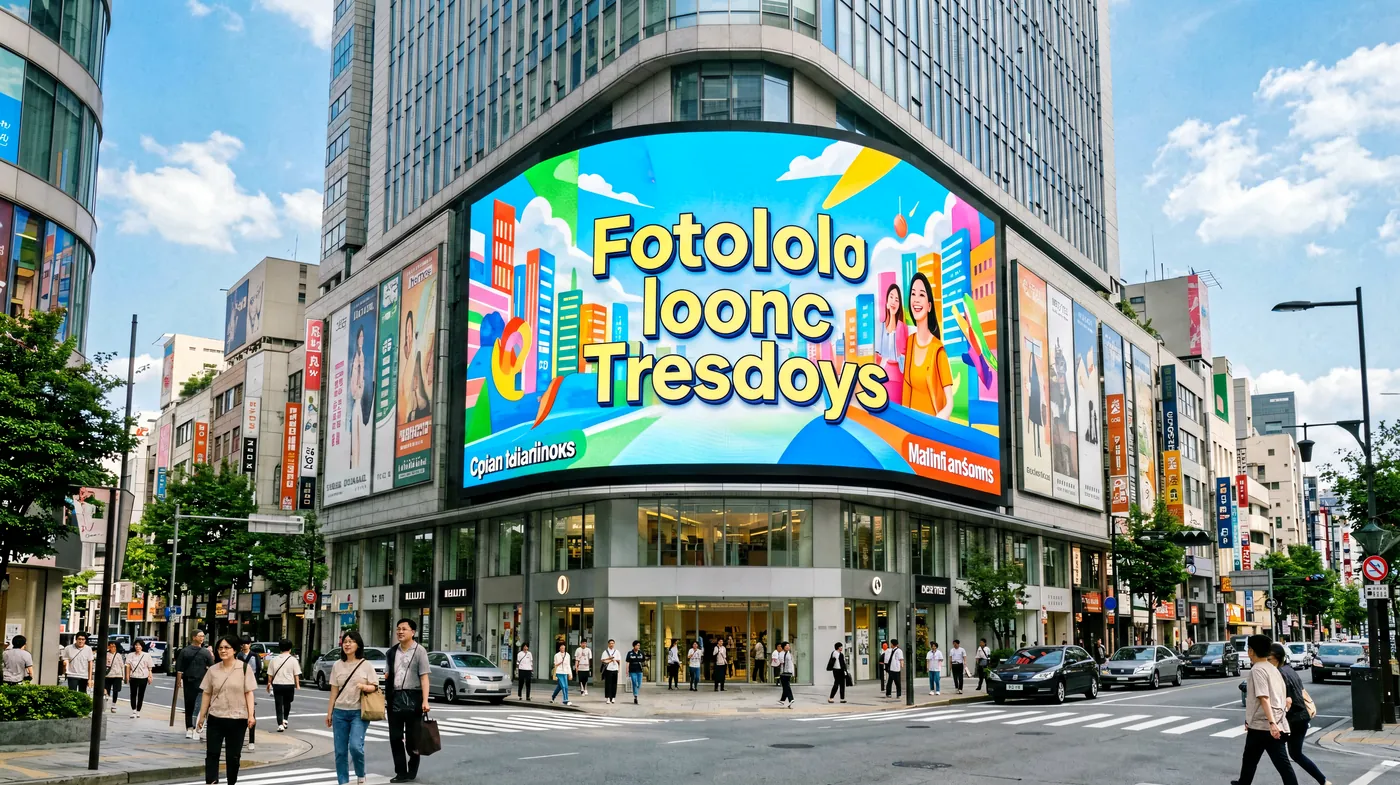 Outdoor LED advertising billboard on a commercial building above a shopping street, driven by a Mooncell LED control system