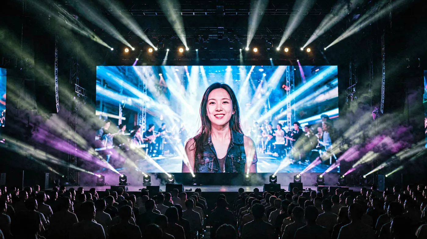 Giant LED stage screen at a live concert with stage lighting beams and crowd, controlled by a Mooncell LED control system