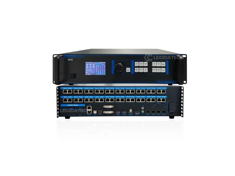 Mooncell M40 2-in-1 LED video processor rack-mount front panel with blue button and port labels