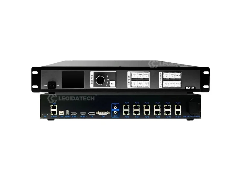 Mooncell MVB12E rear panel with 12 Gigabit Ethernet RJ45 output ports HDMI 2.0 DP 1.2 DVI input interfaces audio connectors RS232 and USB-B — configured by LEGIDATECH for professional LED display installations