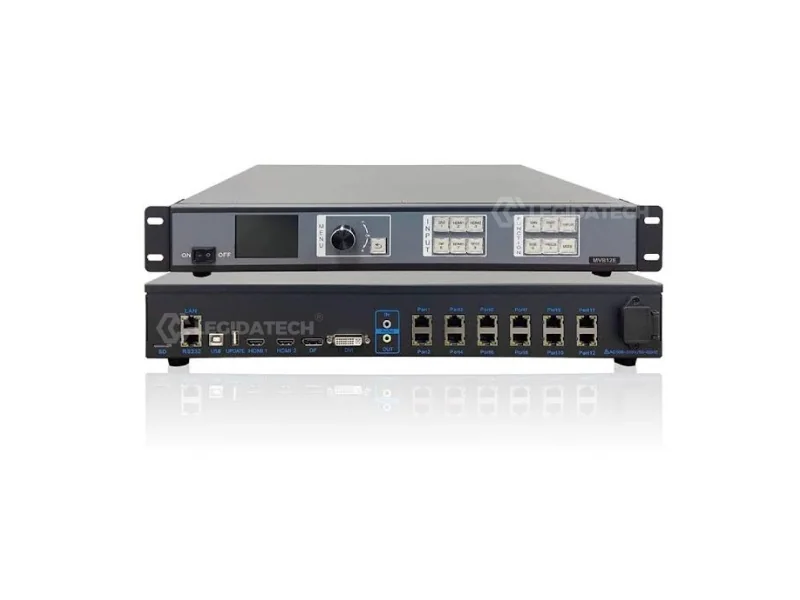 Mooncell MVB12E 2-in-1 LED video processor front panel with 320×240 LCD display and control buttons — supplied by LEGIDATECH LED screen manufacturer as part of complete LED display systems