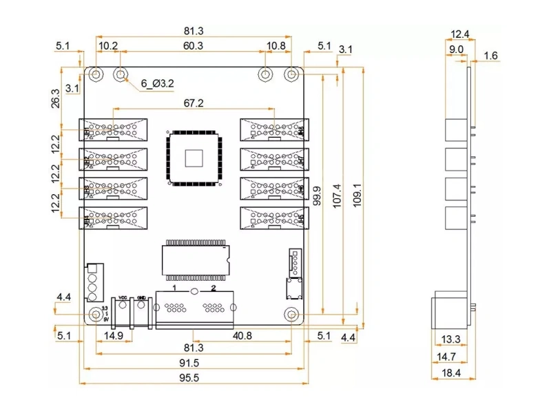 Top-down view of MRV208-N receiving card PCB with 8 HUB75E connector layout compact form factor and NovaStar chipset