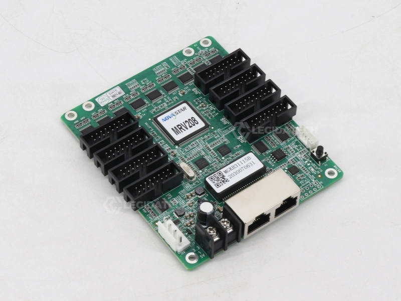 MRV208-N receiving card mechanical dimensions diagram showing compact form factor with mounting holes