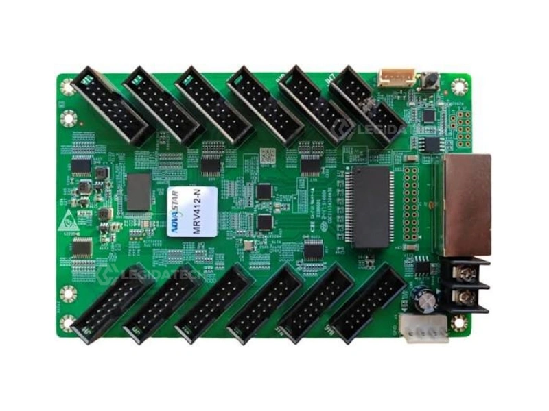 Top-down view of MRV412-N receiving card PCB with 12 HUB75E connector layout and NovaStar chipset