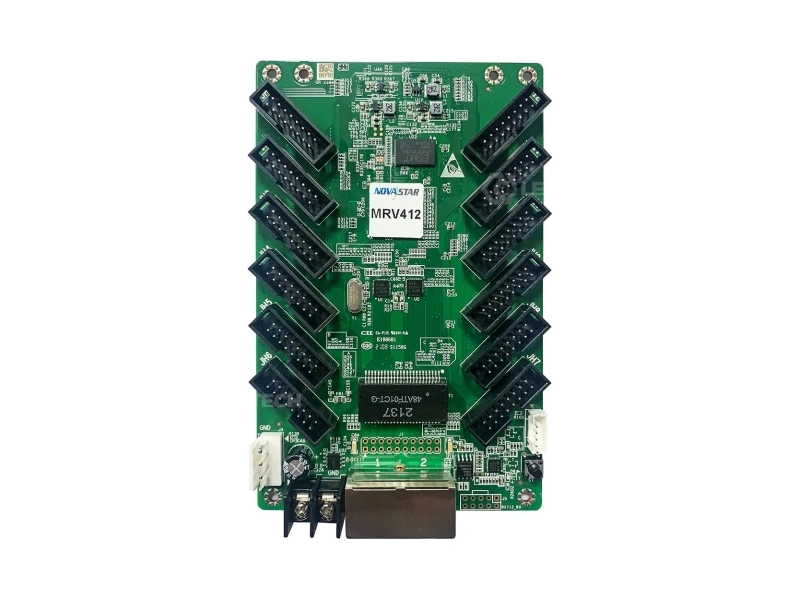 NovaStar MRV412-N LED receiving card front view with 12 HUB75E connectors and chipset on white background