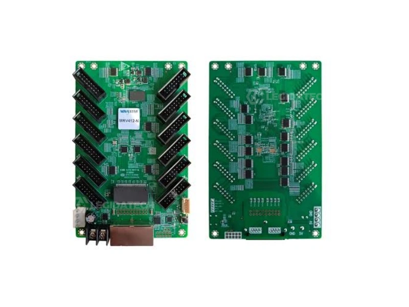Close-up of MRV412-N 12 standard HUB75E connectors showing 24-group parallel RGB data interface