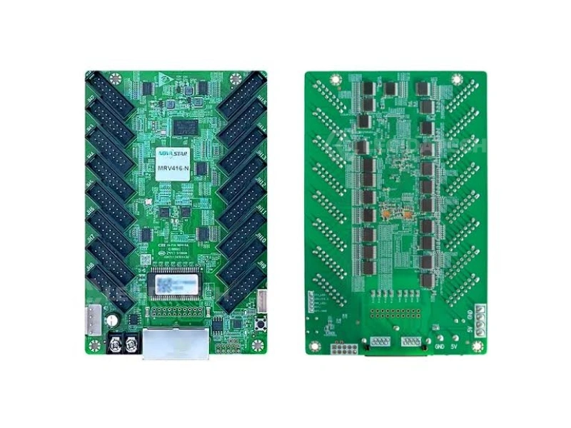 Top-down view of MRV416-N receiving card PCB showing NovaStar chipset gigabit Ethernet ports and 16 HUB75E connector layout
