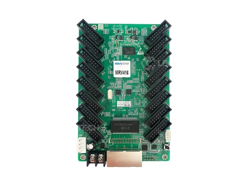NovaStar MRV416-N LED receiving card front view with 16 HUB75E connectors and chipset on white background