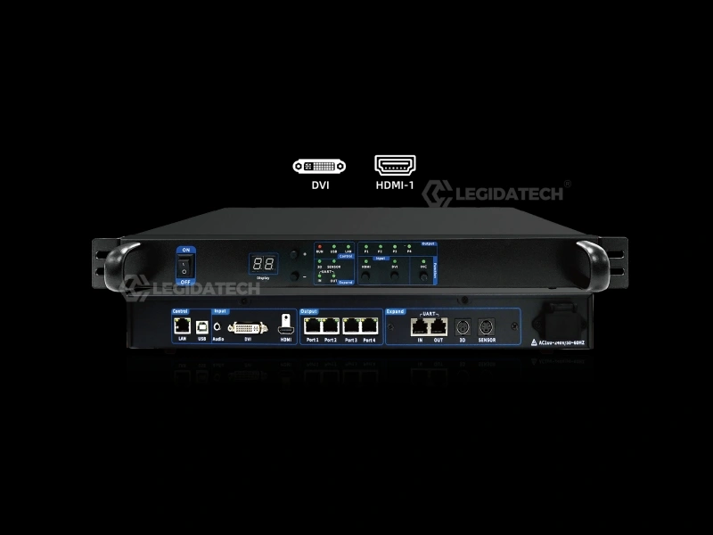 Mooncell MTB400E system architecture diagram showing video source controller Gigabit Ethernet distribution to LED modules