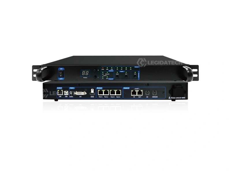 Mooncell MTB400E rear panel with HDMI DVI input and 4 Gigabit Ethernet RJ45 output ports