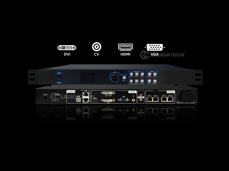 Mooncell MVB4S Pro rear panel showing all HDMI DVI VGA Ethernet USB RS232 audio and power ports with labels for complete LED display system connectivity