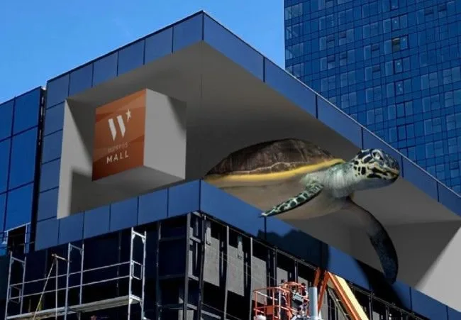 Turtle 3D anamorphic animation on a naked eye 3D LED billboard