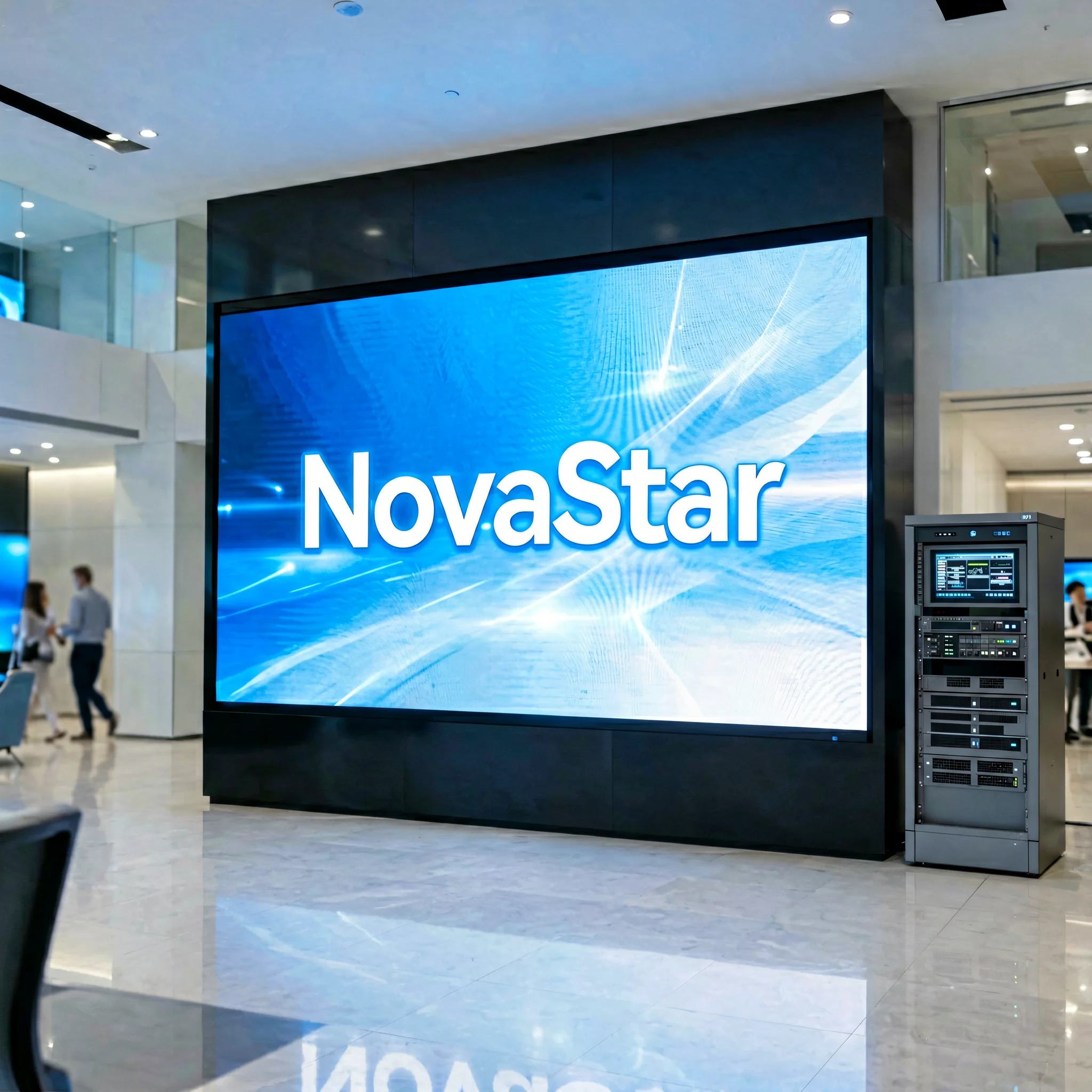 NovaStar LED control system powering a large indoor LED video wall in a modern corporate AV installation with controller rack visible and LED display showing vibrant content