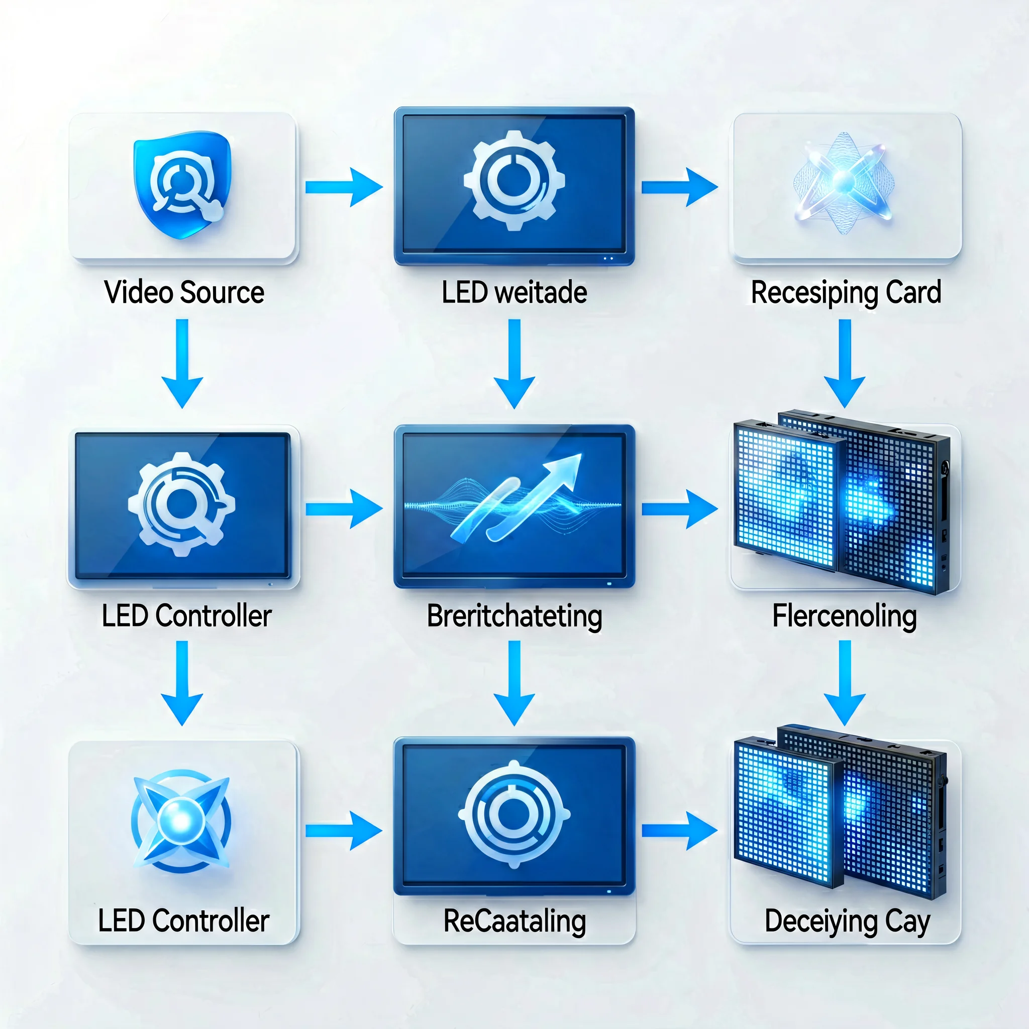 NovaStar LED control system architecture diagram showing signal flow from video source through controller processor to receiving cards and LED display modules