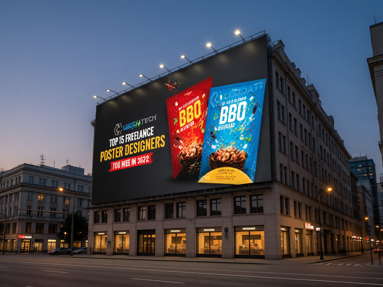 Proyecto de valla publicitaria LED exterior de la serie OK de 9,6 x 4,8 m en la fachada de un edificio al anochecer.