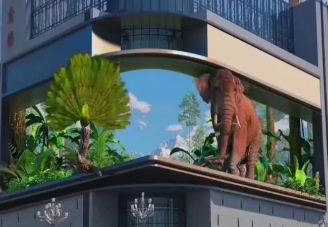 Outdoor naked eye 3D LED screen on a landmark building showing an elephant 3D effect