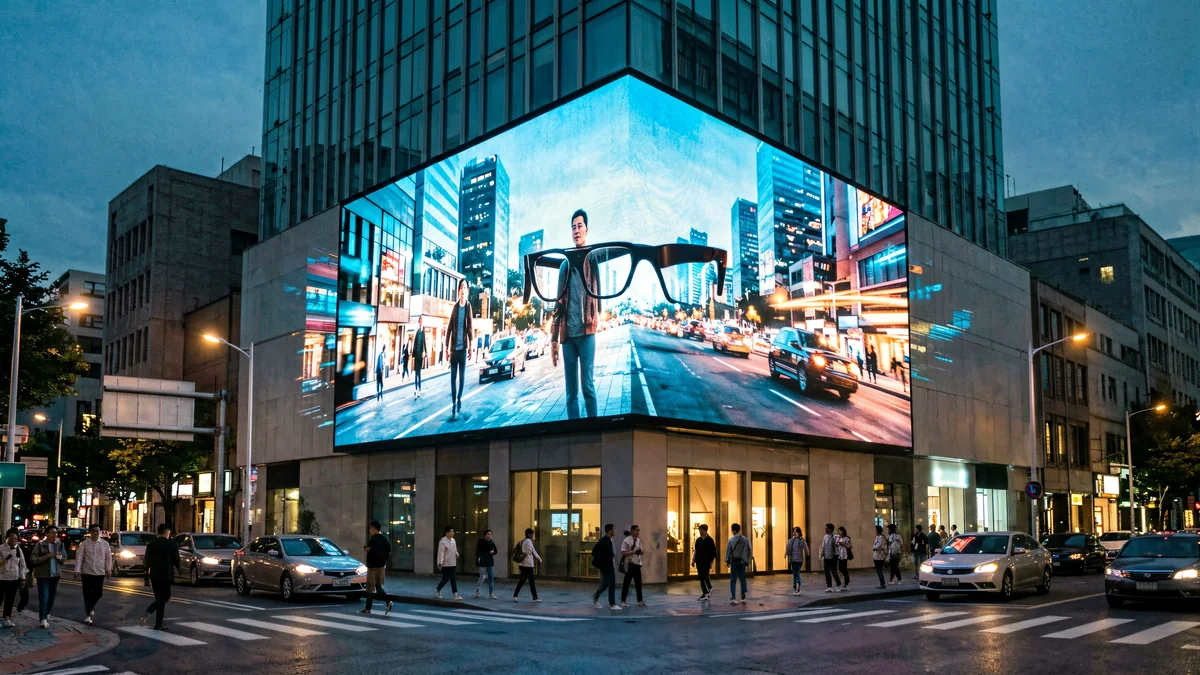 Valla publicitaria LED 3D visible a simple vista en la esquina de un edificio.