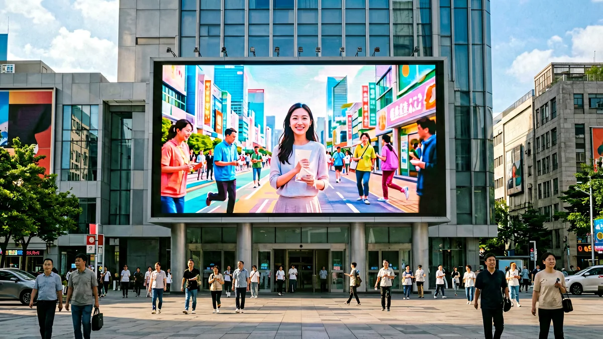 Gran cartel publicitario LED exterior en una plaza de la ciudad.