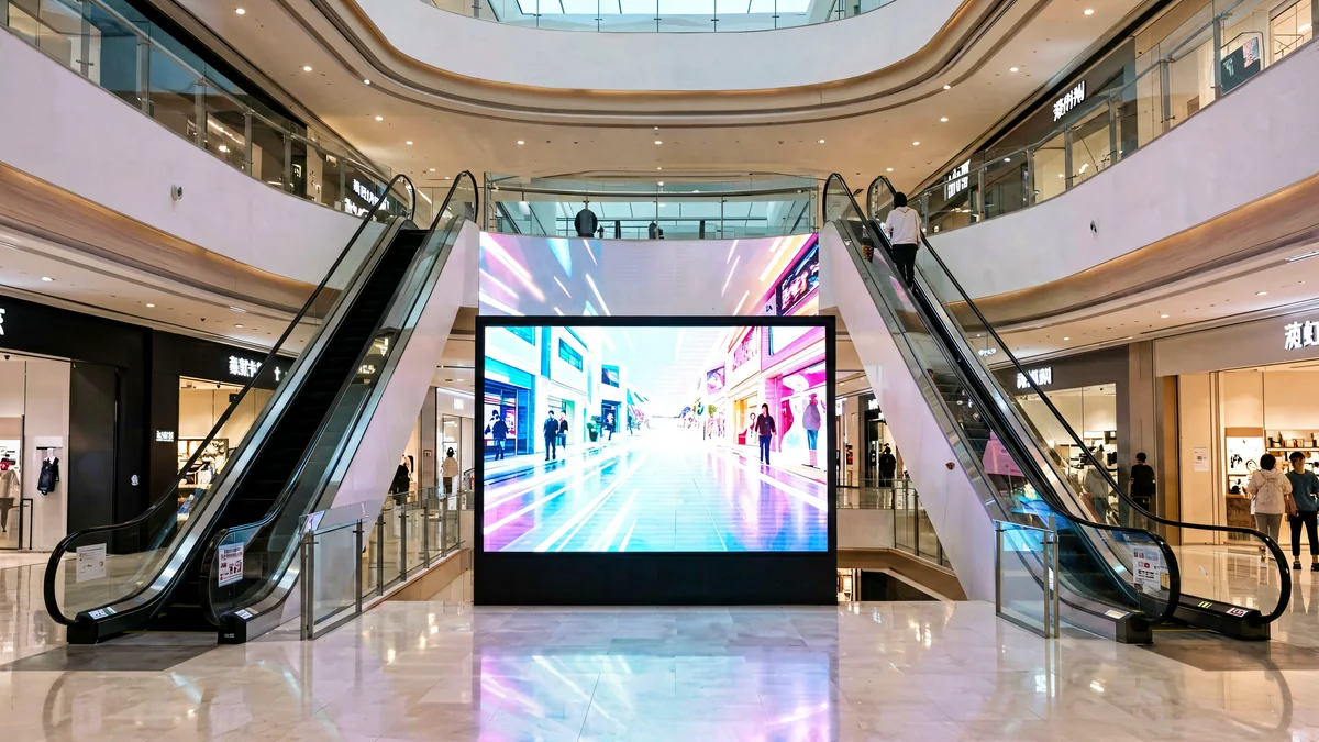 Pantalla LED en el atrio de un centro comercial.