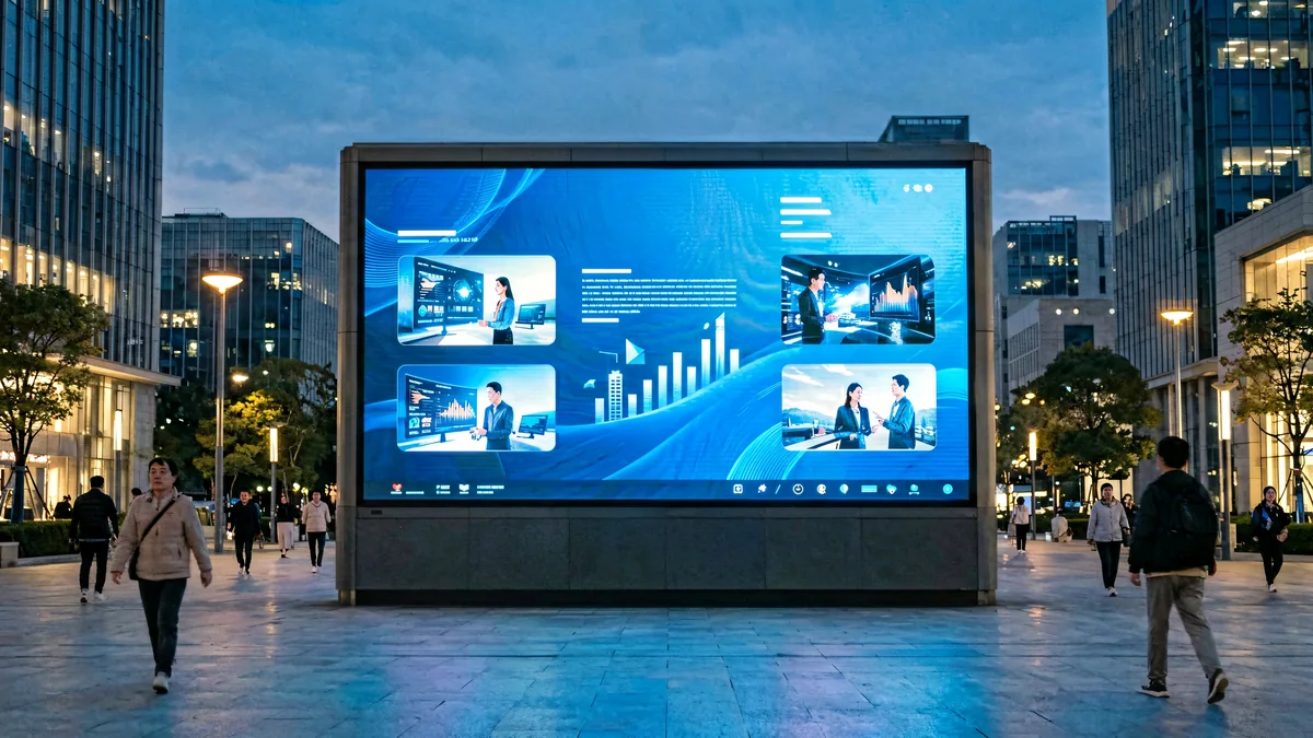Pantalla LED de información pública en una plaza de la ciudad al anochecer.