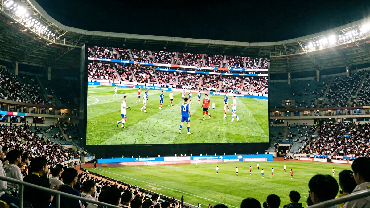 Enorme pantalla de vídeo LED en un estadio durante un partido.