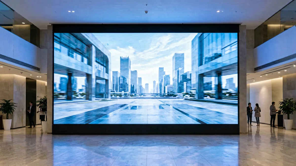 Videopantalla LED fija interior en el vestíbulo de una moderna oficina corporativa.