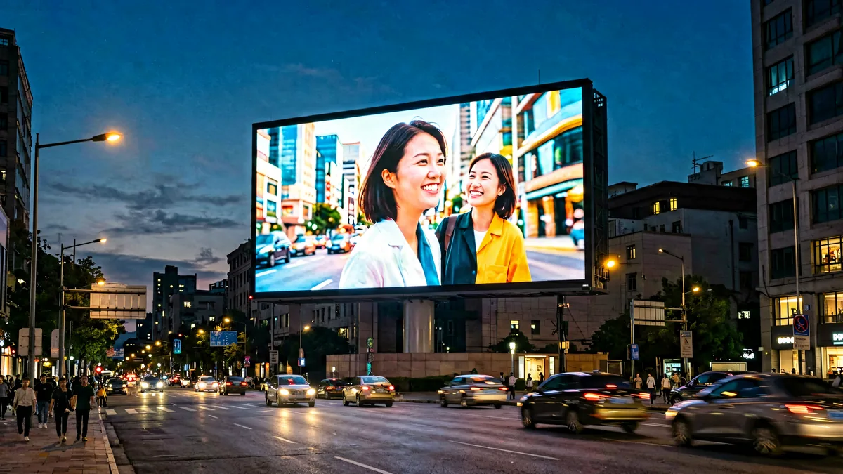Valla publicitaria LED exterior en una concurrida calle de la ciudad al anochecer.