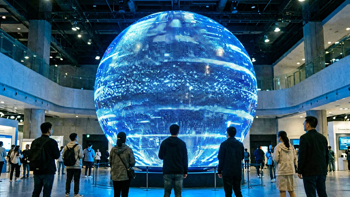 Globo de pantalla LED esférico en una sala de exposiciones.