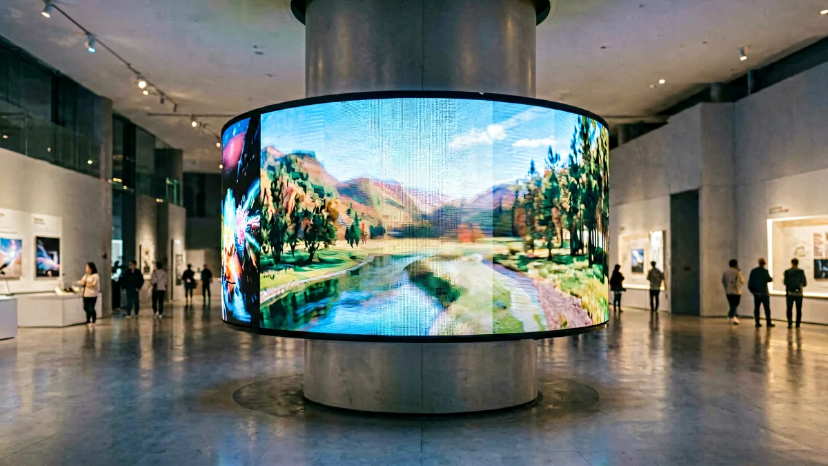 Pantalla LED flexible curvada sobre una columna cilíndrica
