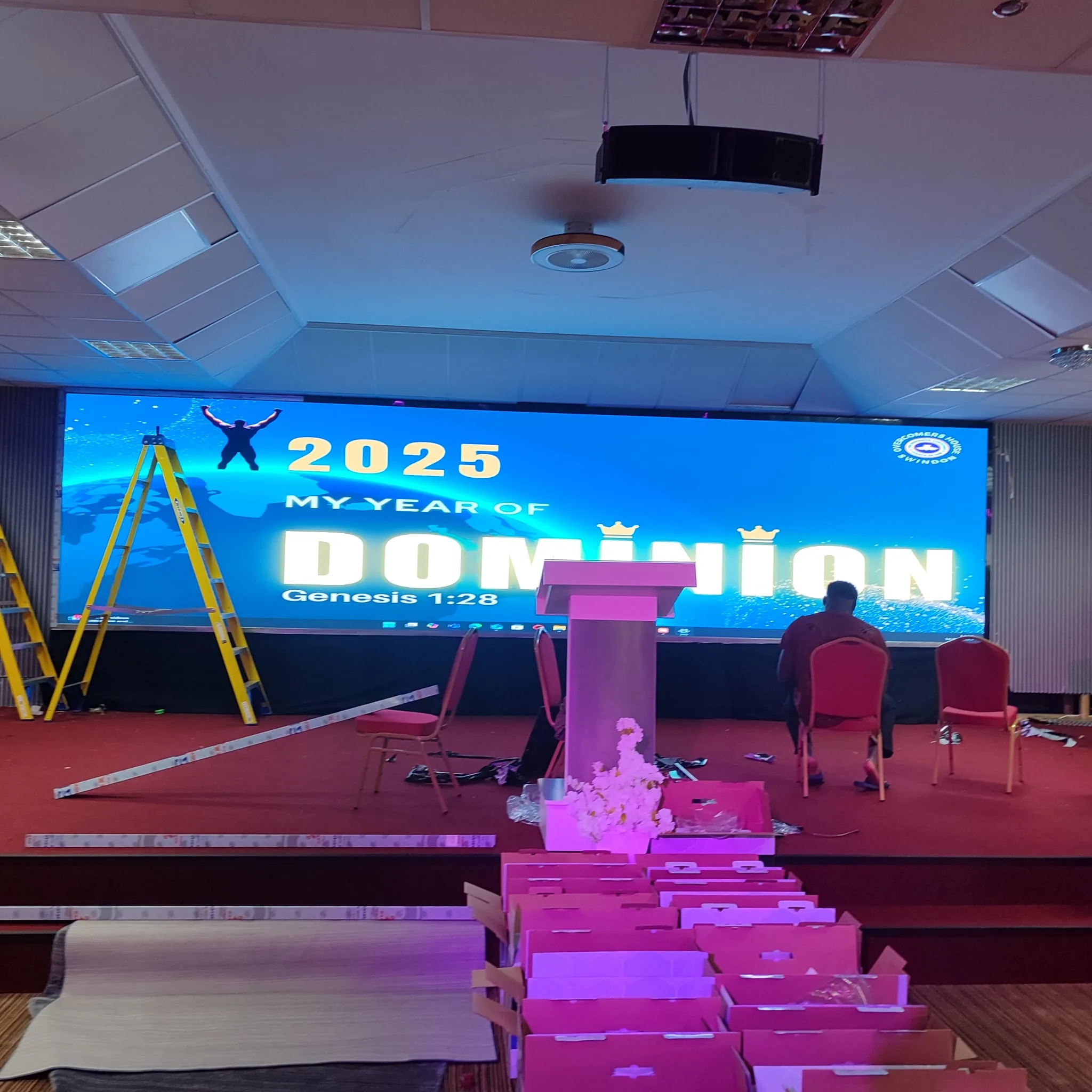 LED screen delivery boxes at RCCG Church Swindon UK during installation