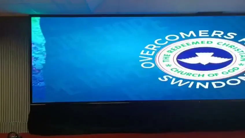 Video still: Ehonor P2.5 LED screen showing welcome content at RCCG Church Swindon UK