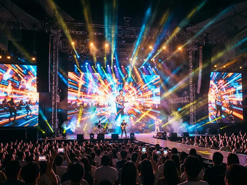 Rental LED display solutions with Metastar panels set up on concert stage truss