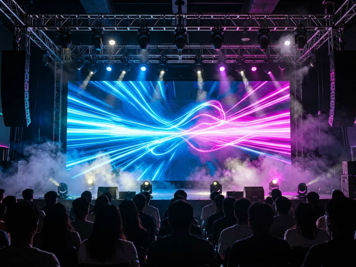 Rental LED video wall on a concert stage with quick-lock cabinets