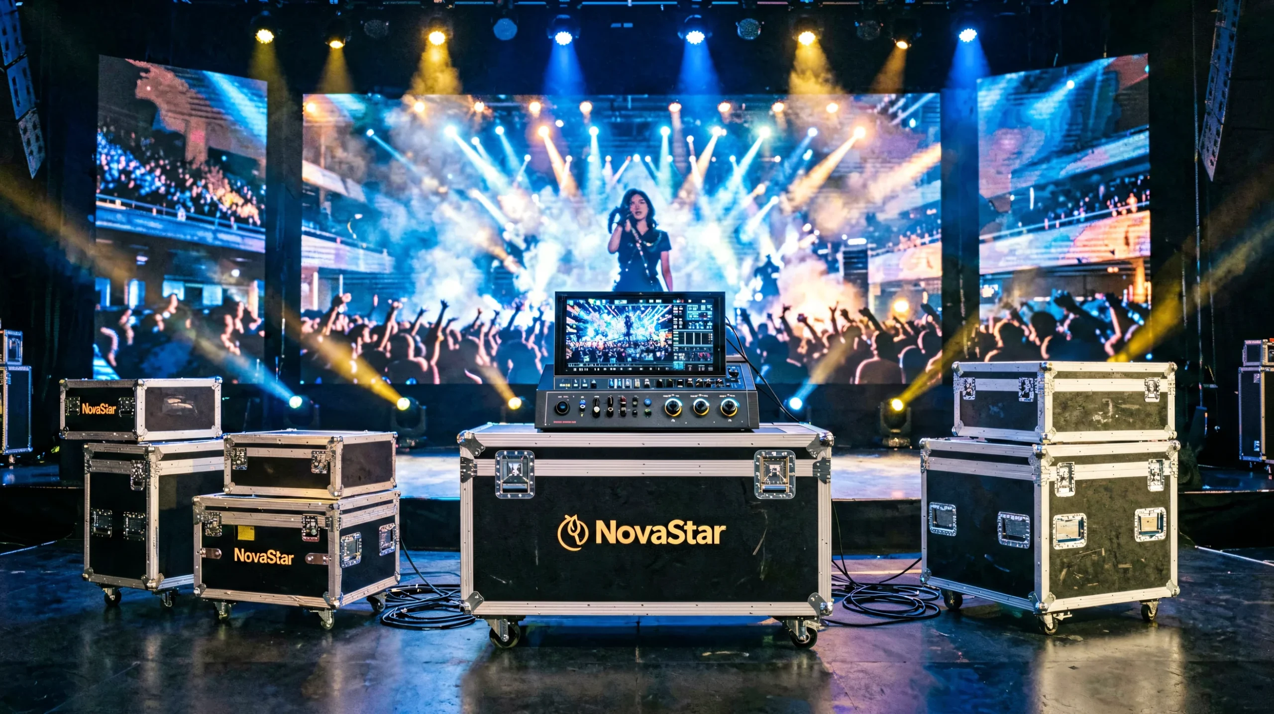 Rental LED stage display with NovaStar controller at a live concert event showing dynamic visual content on stage