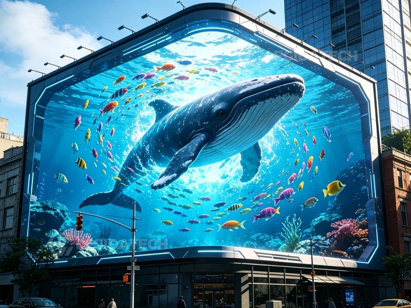 Naked-eye 3D LED display built from A1000 cabinets around a street corner with S-shape splicing
