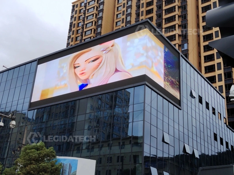 Large A1000 outdoor LED display integrated into a glass building facade as architectural media wall