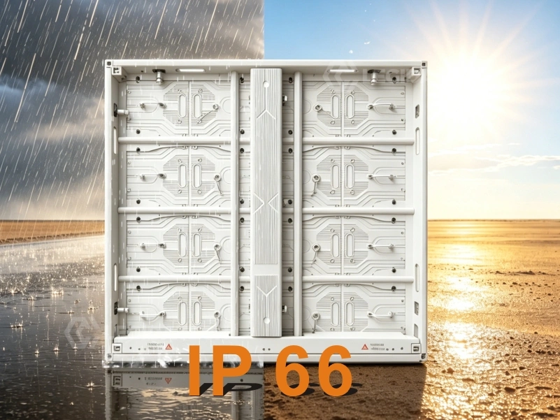 Close-up of the CNC aluminum profile frame with butterfly locks and positioning pins of an A1000 outdoor LED cabinet