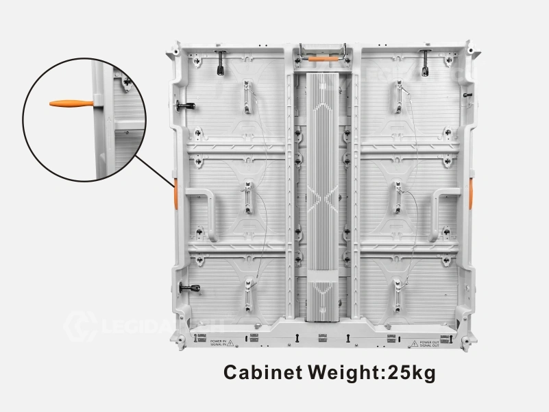 Installation crew hoisting a lightweight 25kg A1000 outdoor LED cabinet with safety harness during wall mounting
