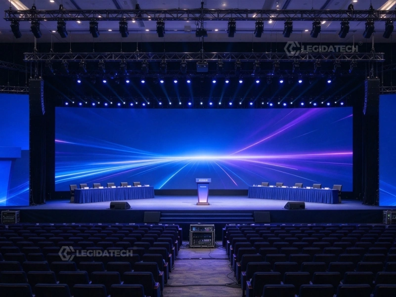 Conference keynote set with AF1000 500x1000mm indoor rental LED display backdrop