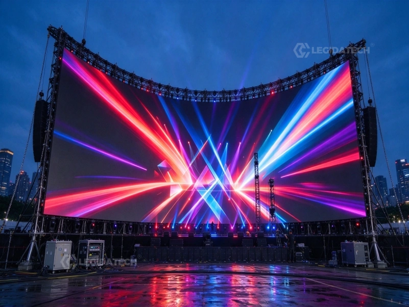 Curved festival wall built from AF1000 500x1000mm rental LED display cabinets