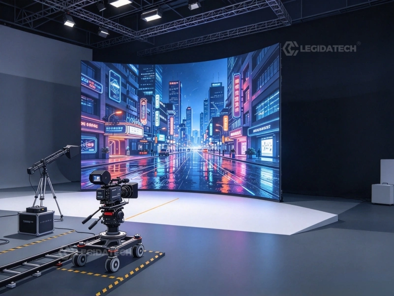 Broadcast camera close-up of an AF1000 500x1000mm rental LED display showing a clean image with no banding