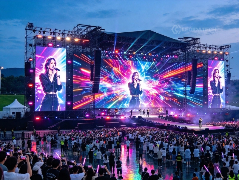 AF1000 500x1000mm festival LED wall connected to a venue power distribution box