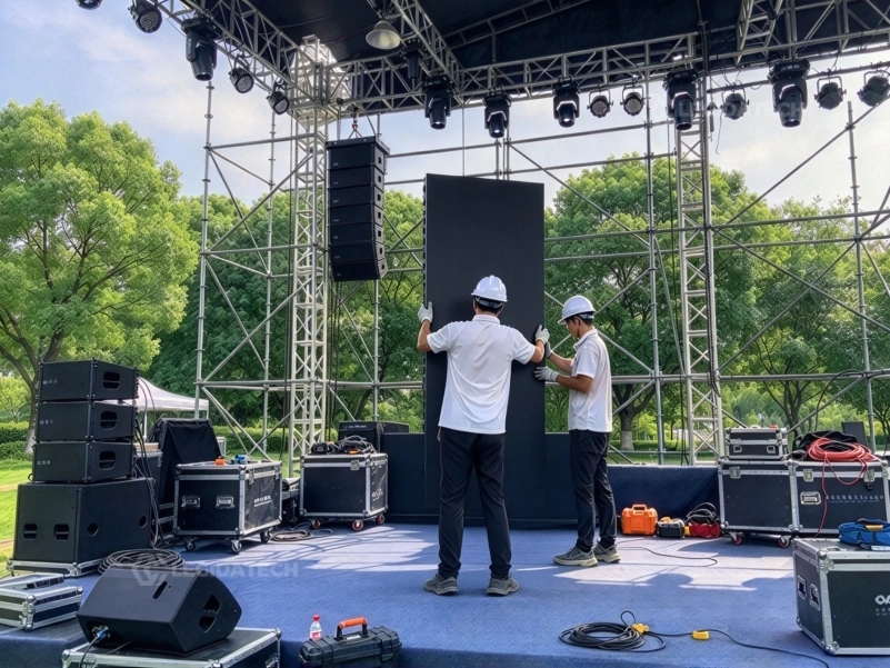 Crew building a large stage backdrop from AF1000 500x1000mm rental LED display cabinets