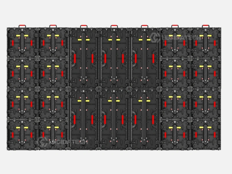 AF1000 500x1000mm and AF500 500x500mm rental LED display cabinets interlocking vertically into one wall
