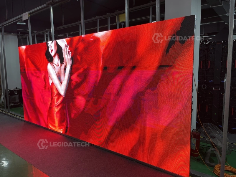 AF500 500x500mm rental LED display cabinets on aging test racks inside the factory