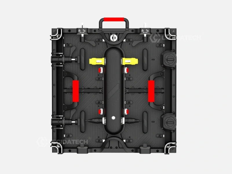 Rear 3D view of AF500 500x500mm rental LED display cabinet showing fast locks, handles, power box and signal connectors