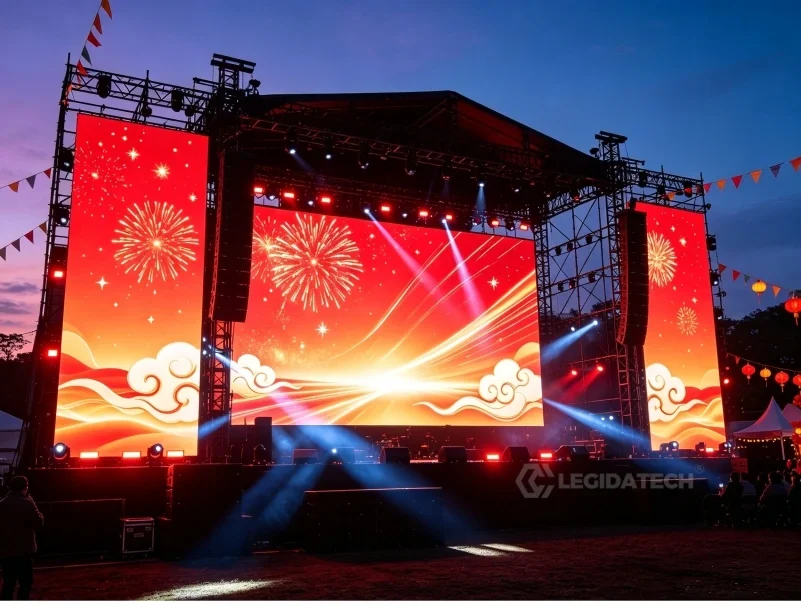Curved stage backdrop built from AF500 500x500mm rental LED display cabinets at a live event