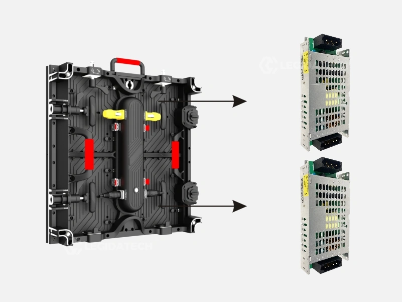 Inside an AF500 indoor 500x500mm rental LED display cabinet showing dual power supply backup modules installed in parallel