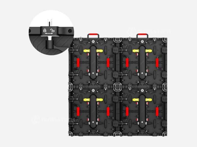 Close-up of AF500 500x500mm rental LED display travel fast lock being closed by one hand
